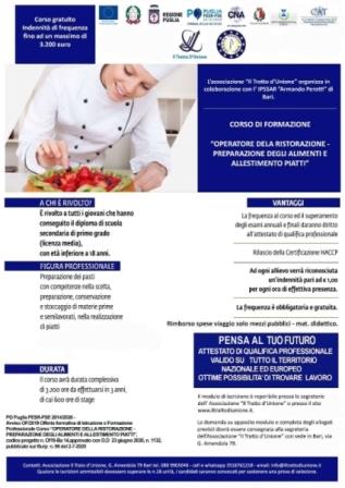 Puglia, al via le iscrizioni per il corso gratuito con indennità di frequenza di Operatore della Ristorazione a Il Tratto d'Unione