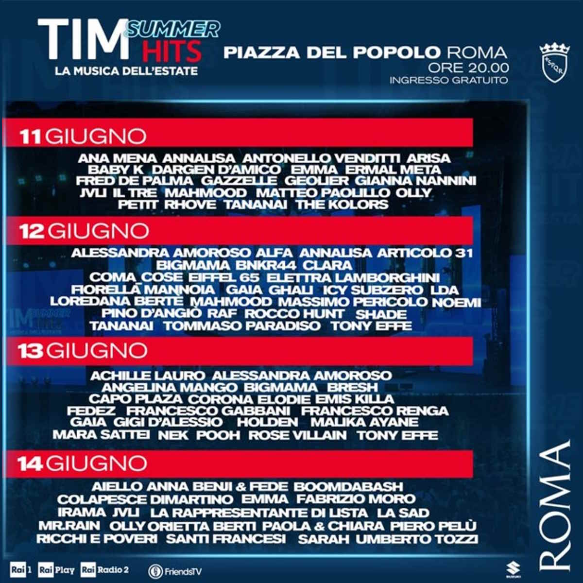 Tim Summer Hits: arriva, in Piazza del Popolo, a Roma, la kermesse con Carlo Conti e Andrea Delogu | Svelato il cast delle 4 serate dall'11 al 14 giugno, dal 28 giugno su Rai1