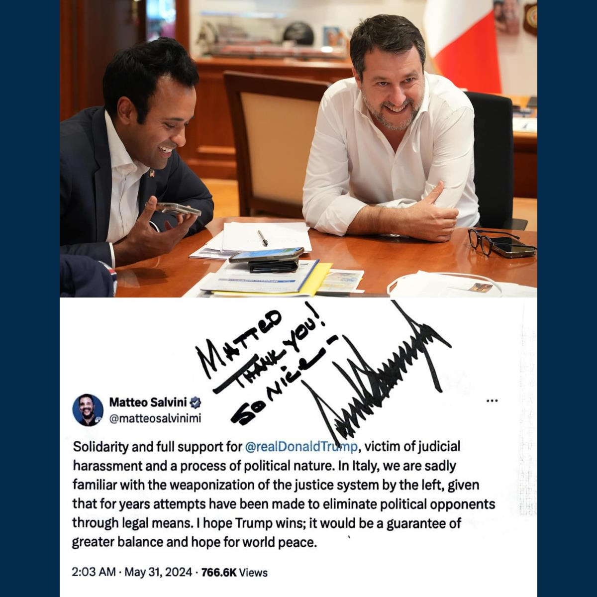 Trump ringrazia Salvini per il sostegno ricevuto!