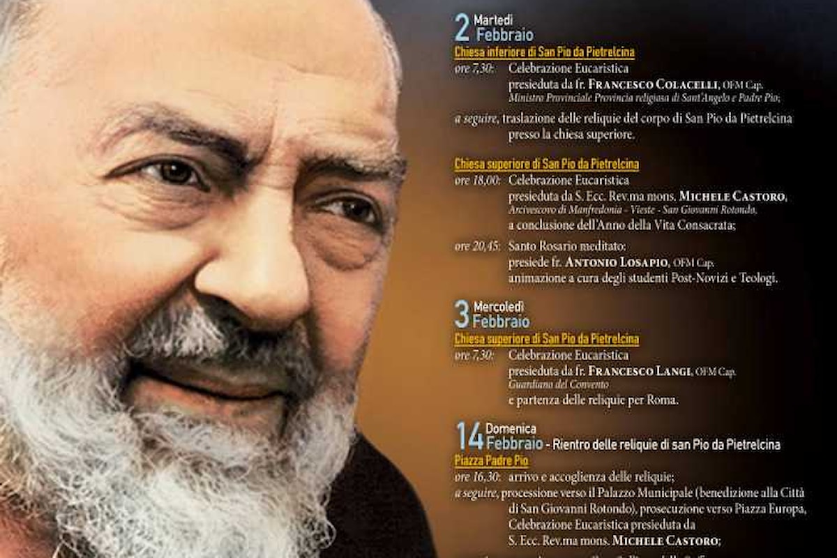 Traslazione delle reliquie di Padre Pio. Il programma completo in Puglia